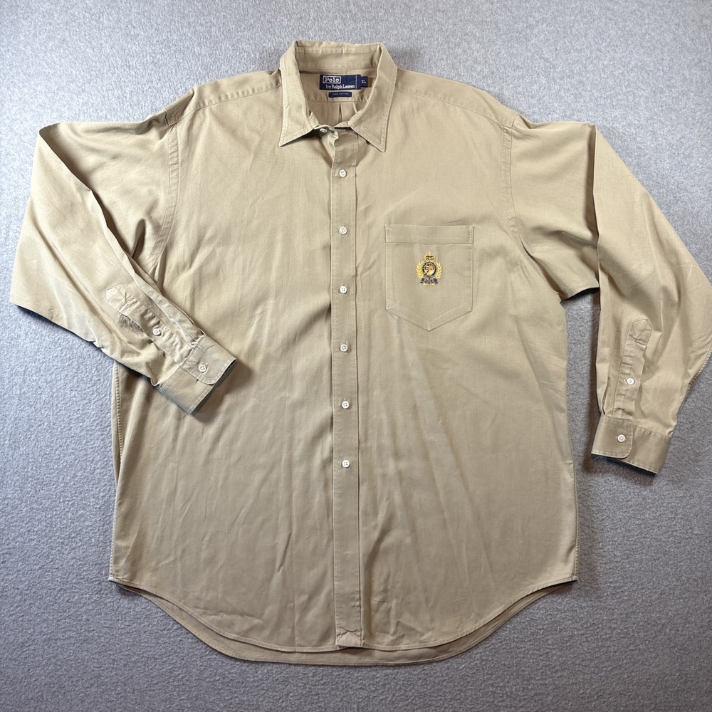 VTG Ralph Lauren Men's XL Tan Button Up Long Sleeve 100% Cotton Classic 90s